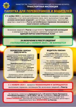 с 1 ноября 2024 года внутриреспубликанские перевозки пассажиров в нерегулярном сообщении, в том числе автомобилями такси, могут выполняться только при условии включения сведений о диспетчерах, перевозчиках, водителях и транспортных средствах в Реестр автомобильных перевозок пассажиров в нерегулярном сообщении. В противном случае они будут являться НЕЗАКОННЫМИ и запрещаться