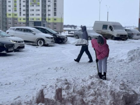 В отличном настроении и с музыкой! Жители нового района вышли на уборку снега